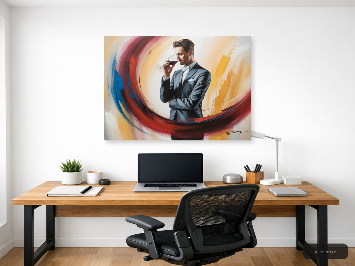 Elegant Man Wine Tasting Abstract Swirl Wall Art — A1 / Office
