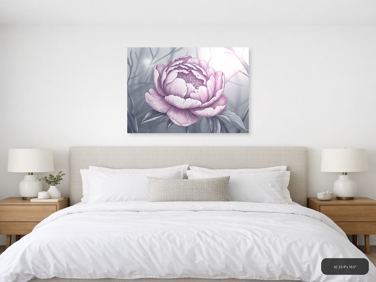 Pink Peony Line Art Illustration Wall Art — A2 / Bedroom