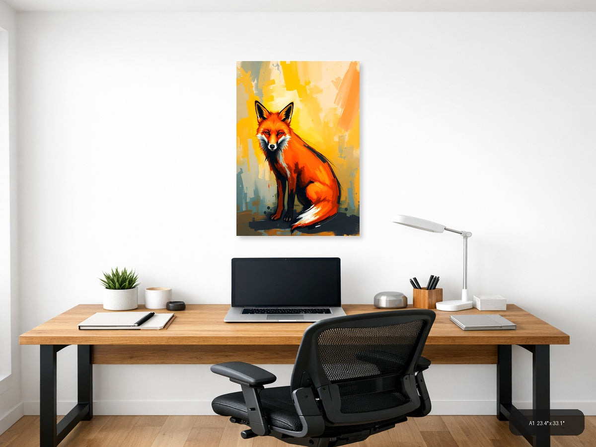 Abstract Red Fox Portrait Modern Yellow Wall Art — A1 / Office
