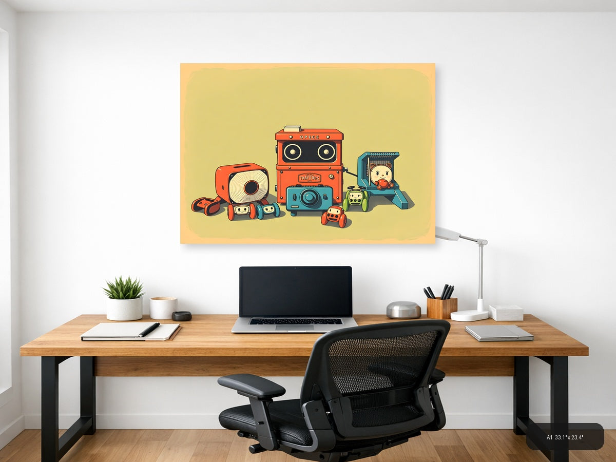 Vintage Robot Toys & Cameras Illustration Wall Art — A1 / Office