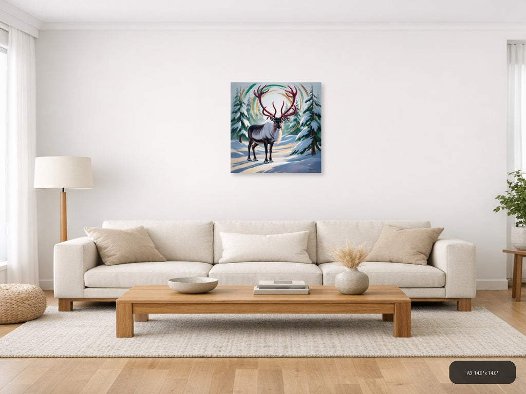 Majestic Reindeer with Swirling Aurora Winter Wall Art — A3 / Living Room