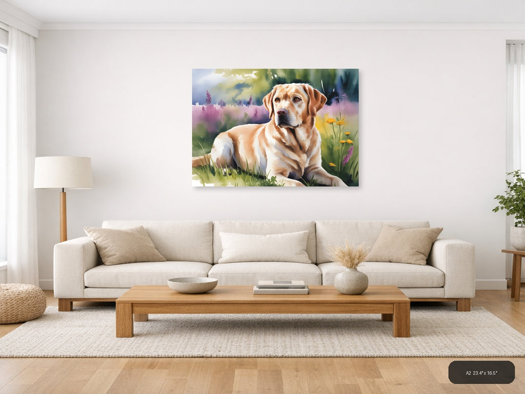 Golden Labrador in Wildflower Meadow Watercolor Wall Art — A2 / Living Room