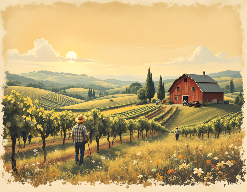 Vintage Vineyard Farm Landscape with Red Barn Wall Art