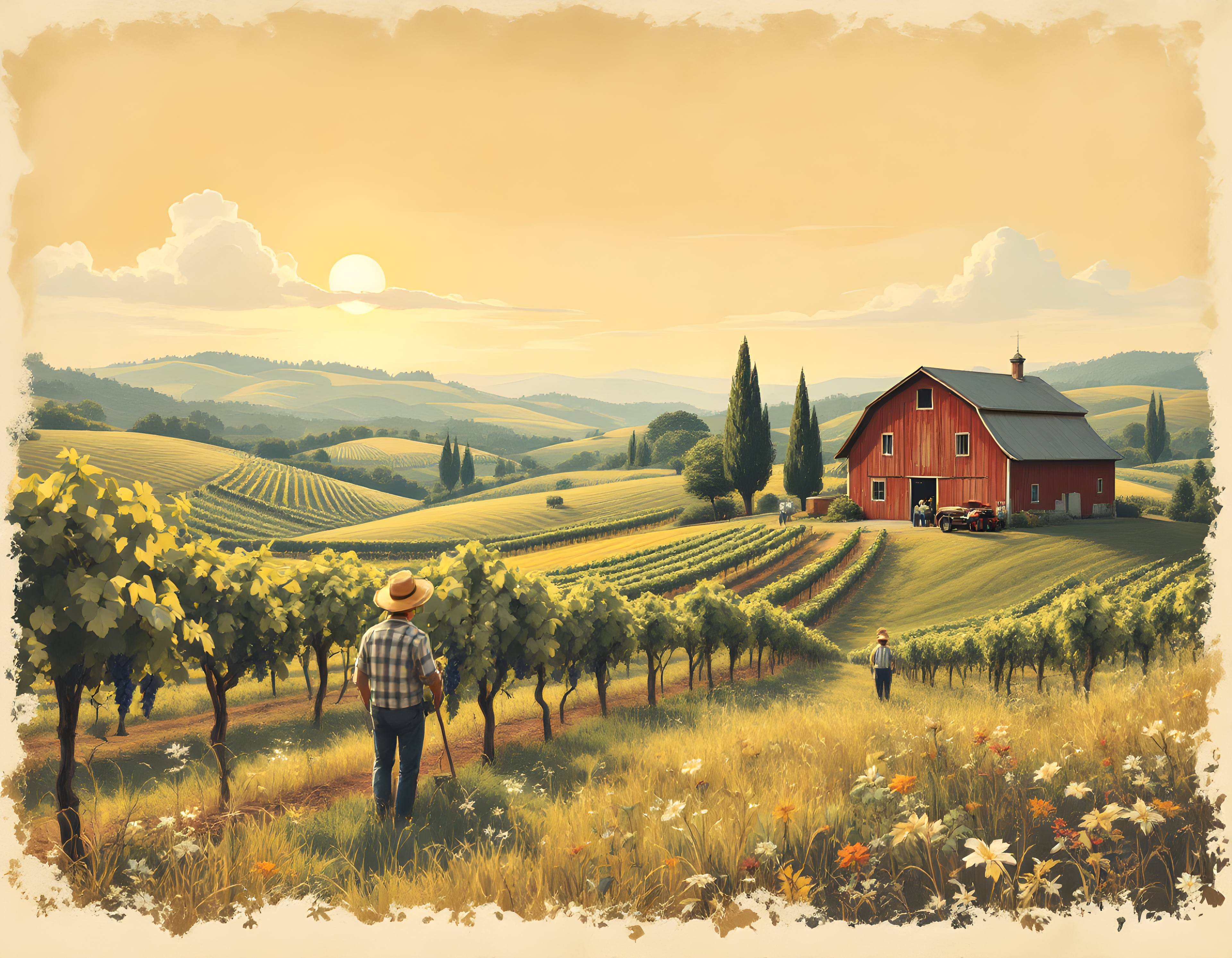 Vintage Vineyard Farm Landscape with Red Barn Wall Art
