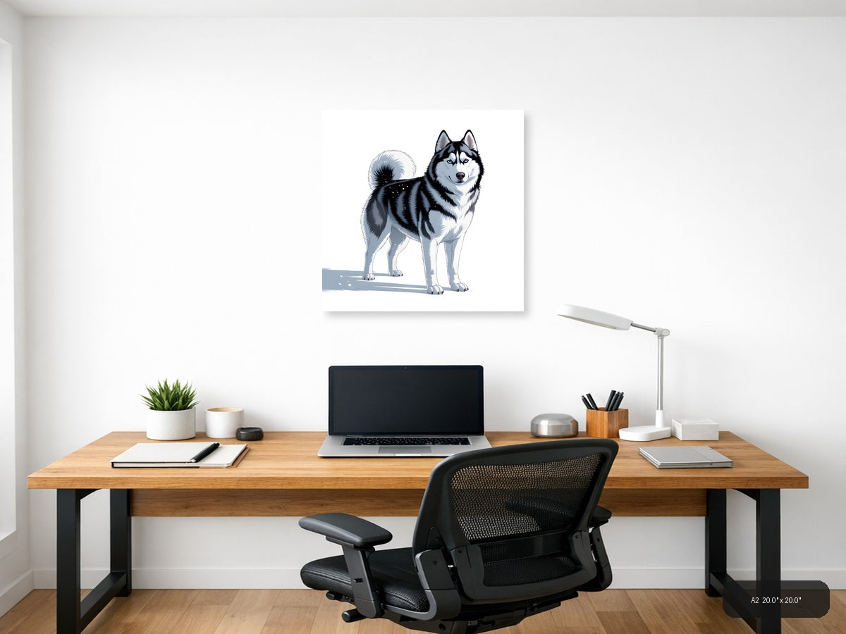Minimalist Husky Portrait Black and White Wall Art — A2 / Office
