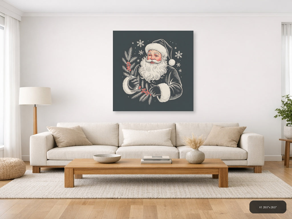 Santa Claus with Holly Line Art Winter Wall Art — A1 / Living Room