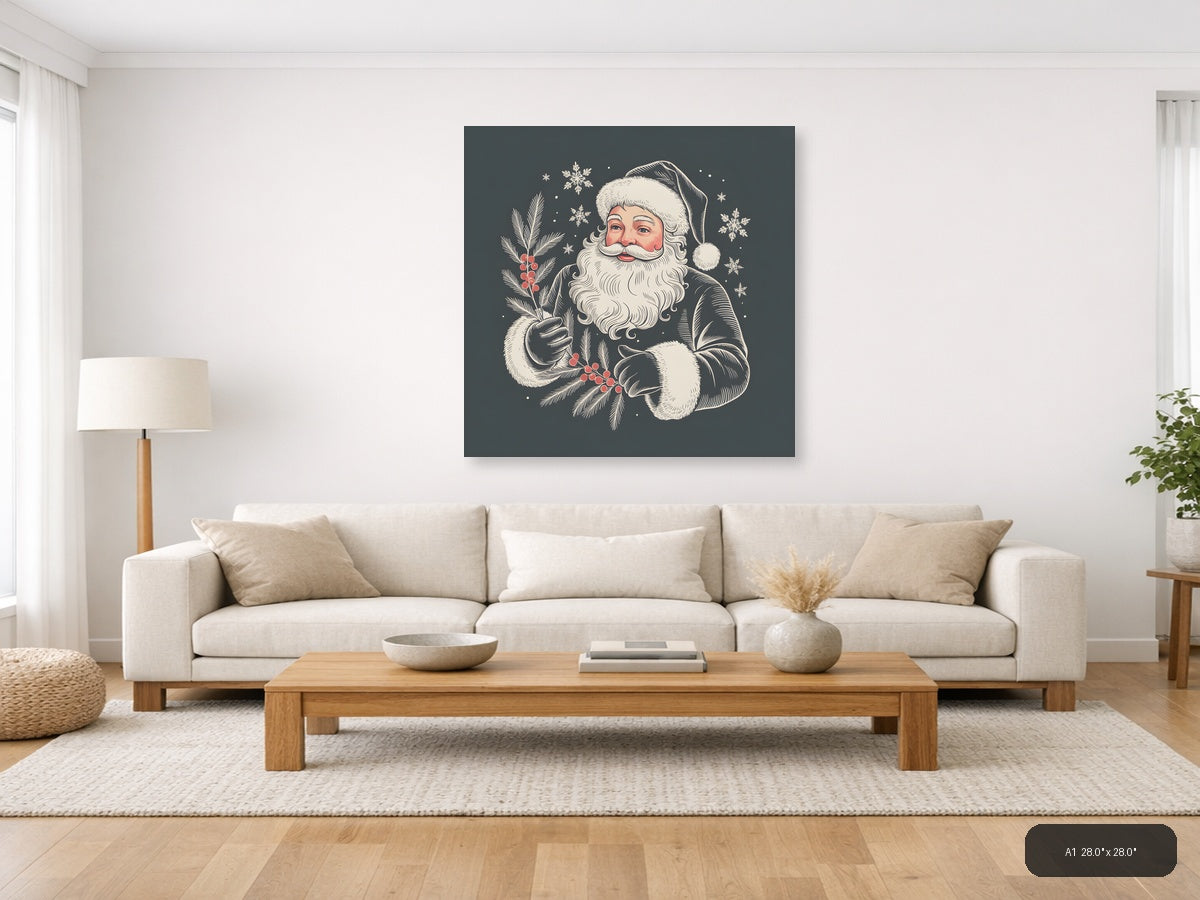 Santa Claus with Holly Line Art Winter Wall Art — A1 / Living Room