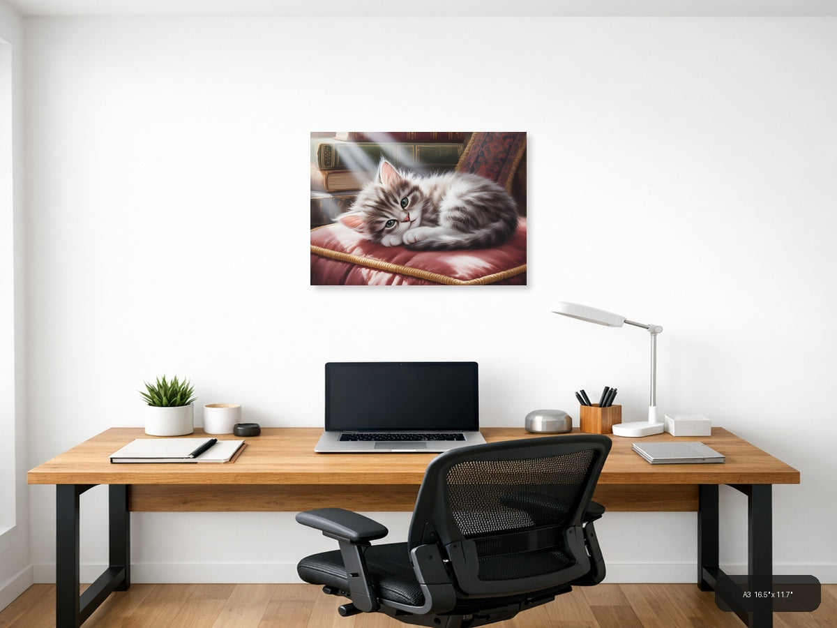 Fluffy White Cat Watercolor Portrait Wall Art — A3 / Office