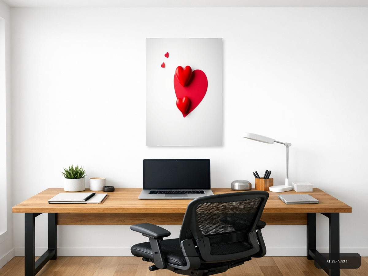 Red Hearts 3D Minimalist Design | Modern Love Canvas Wall Art — A1 (Office)