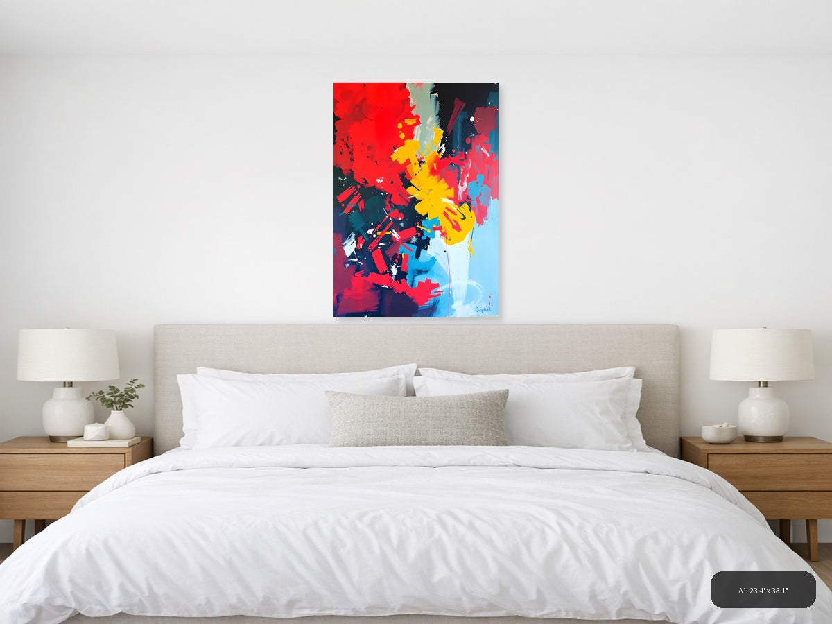 Bold Abstract Explosion Red Yellow Blue Wall Art — A1 / Bedroom