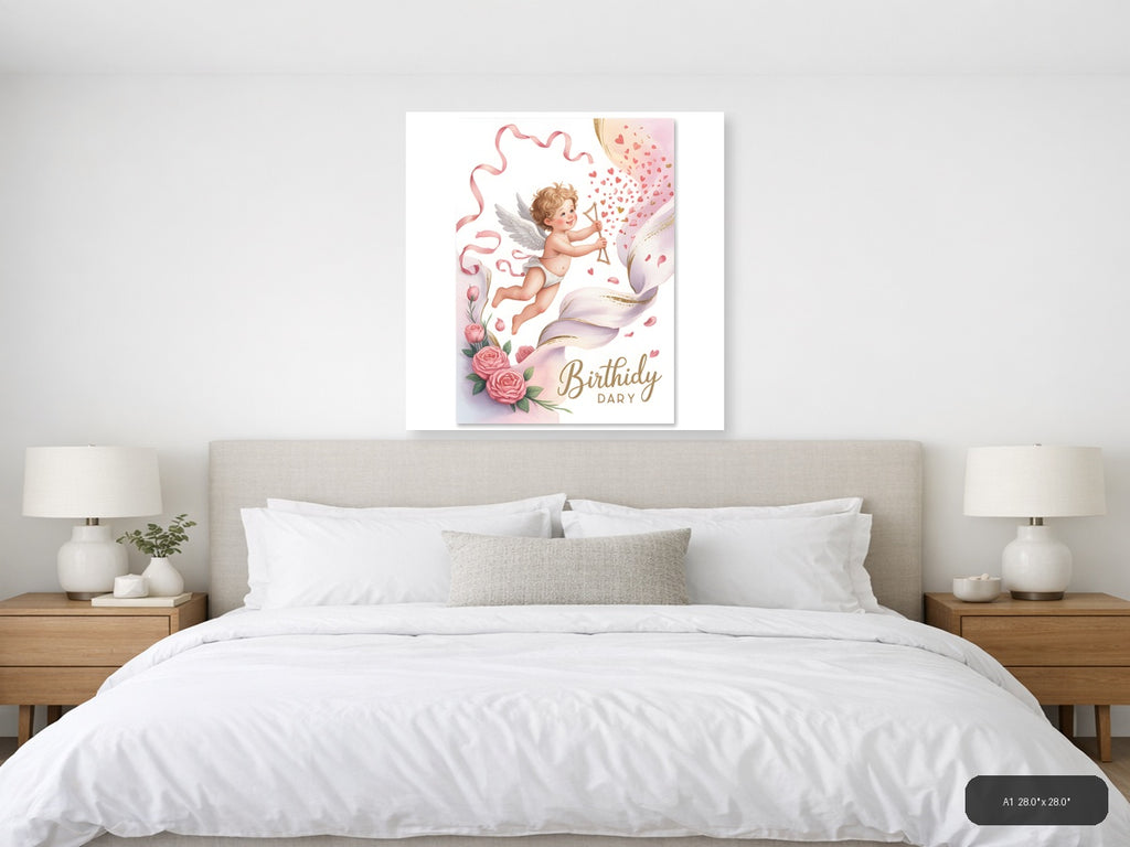 Cupid Birthday Dary Watercolor Angel Wings Wall Art — A1 / Bedroom