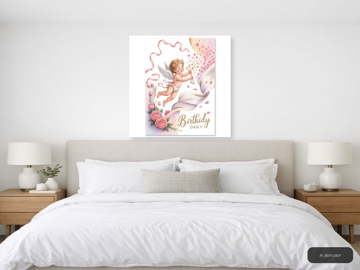 Cupid Birthday Dary Watercolor Angel Wings Wall Art — A1 / Bedroom
