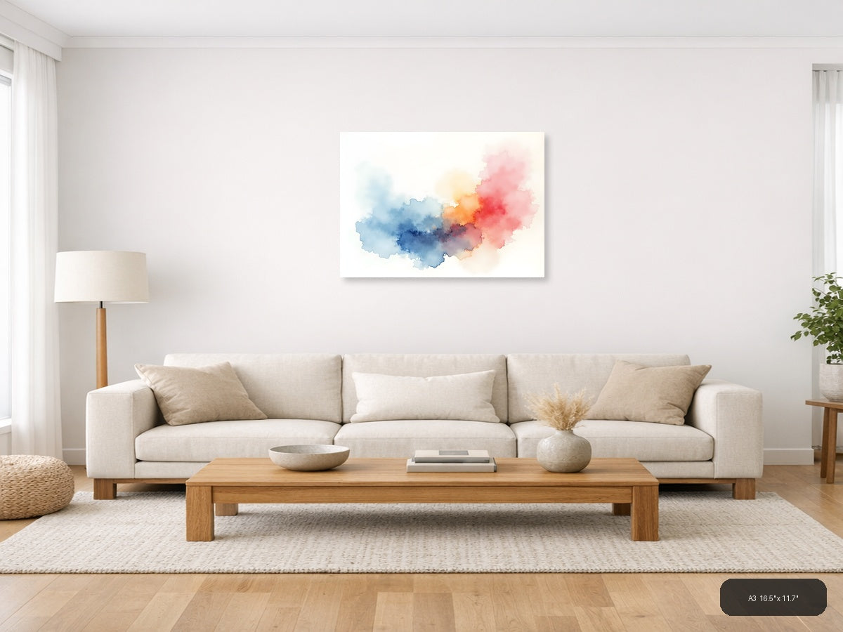 Abstract Watercolor Map China Blue Red Pink Wall Art — A3 / Living Room
