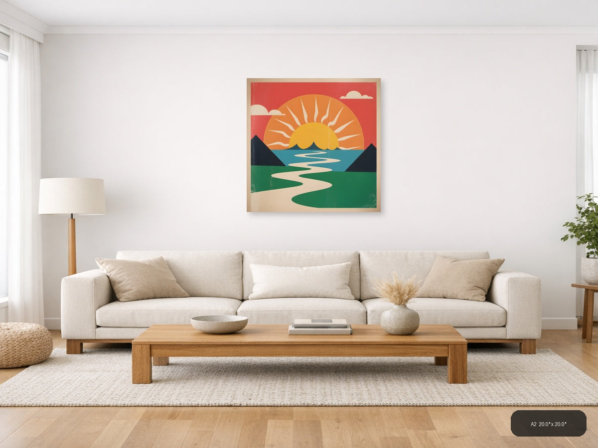 Vintage Sunset Landscape with River - Retro Wall Art — A2 / Living Room