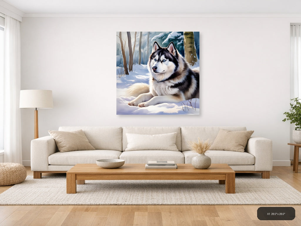 Husky in Winter Forest - Watercolor Wall Art — A1 / Living Room