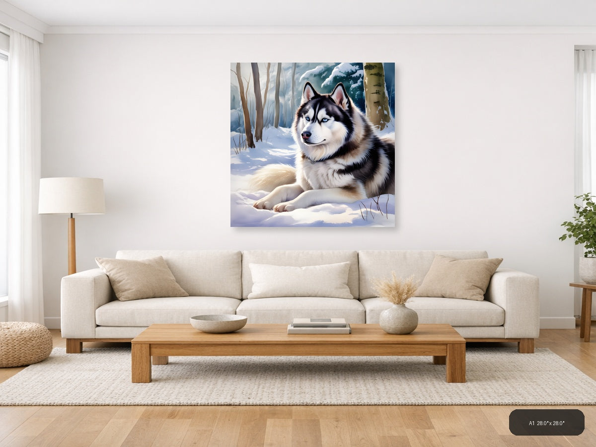 Husky in Winter Forest - Watercolor Wall Art — A1 / Living Room