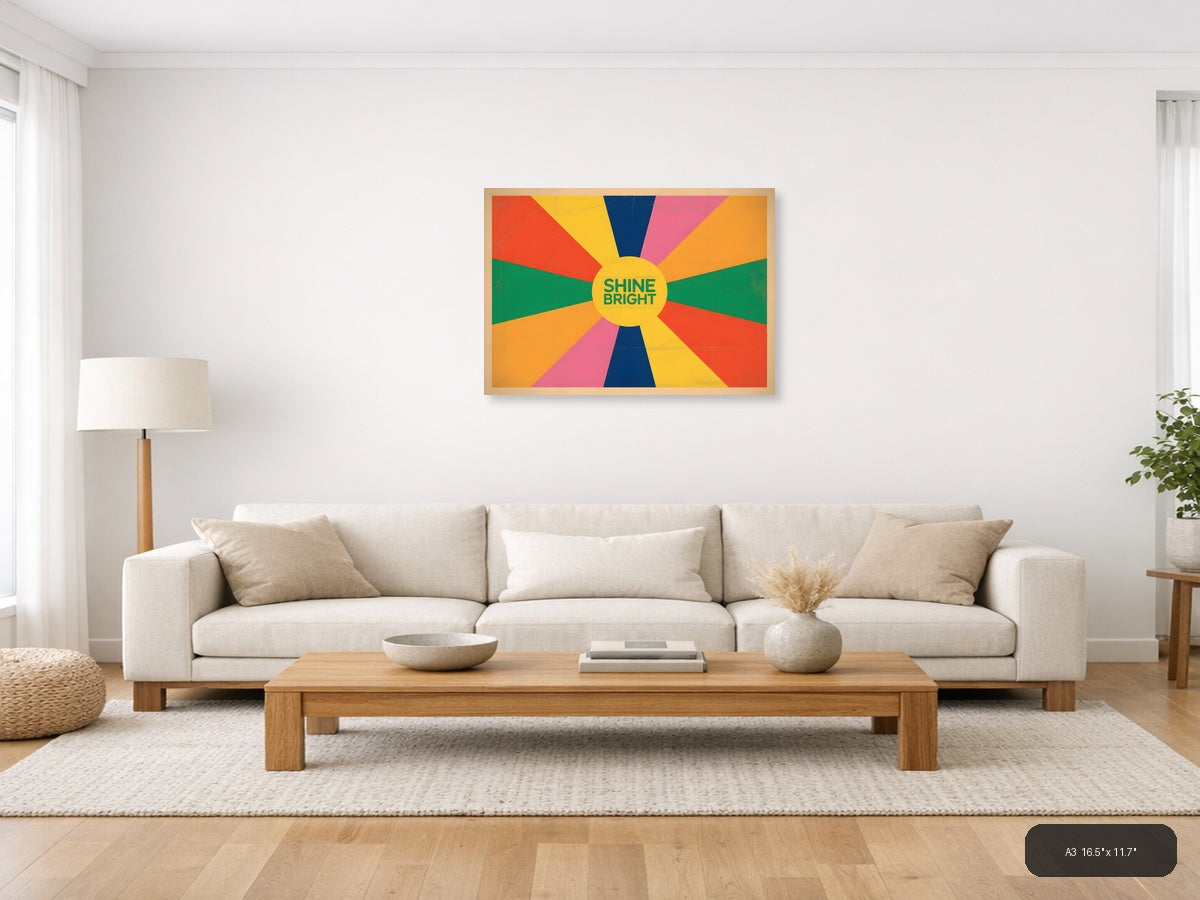 Vintage Sunshine Rays Colorful Retro Wall Art — A3 / Living Room