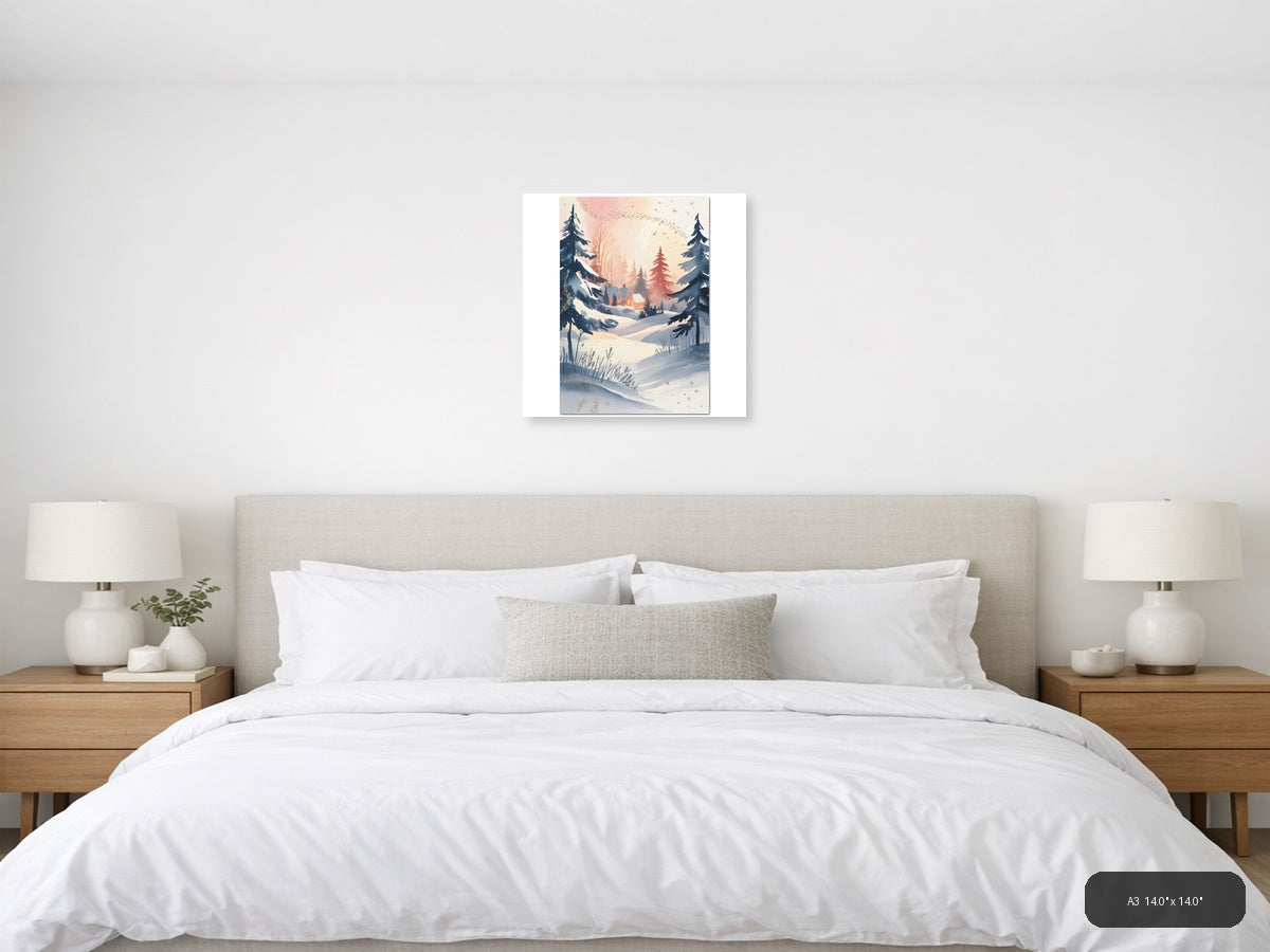 Winter Cabin Snow Forest Watercolor Wall Art — A3 / Bedroom