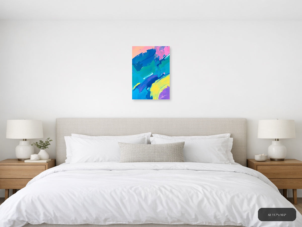 Vibrant Abstract Brushstrokes Neon Blue Pink Yellow Wall Art — A3 / Bedroom