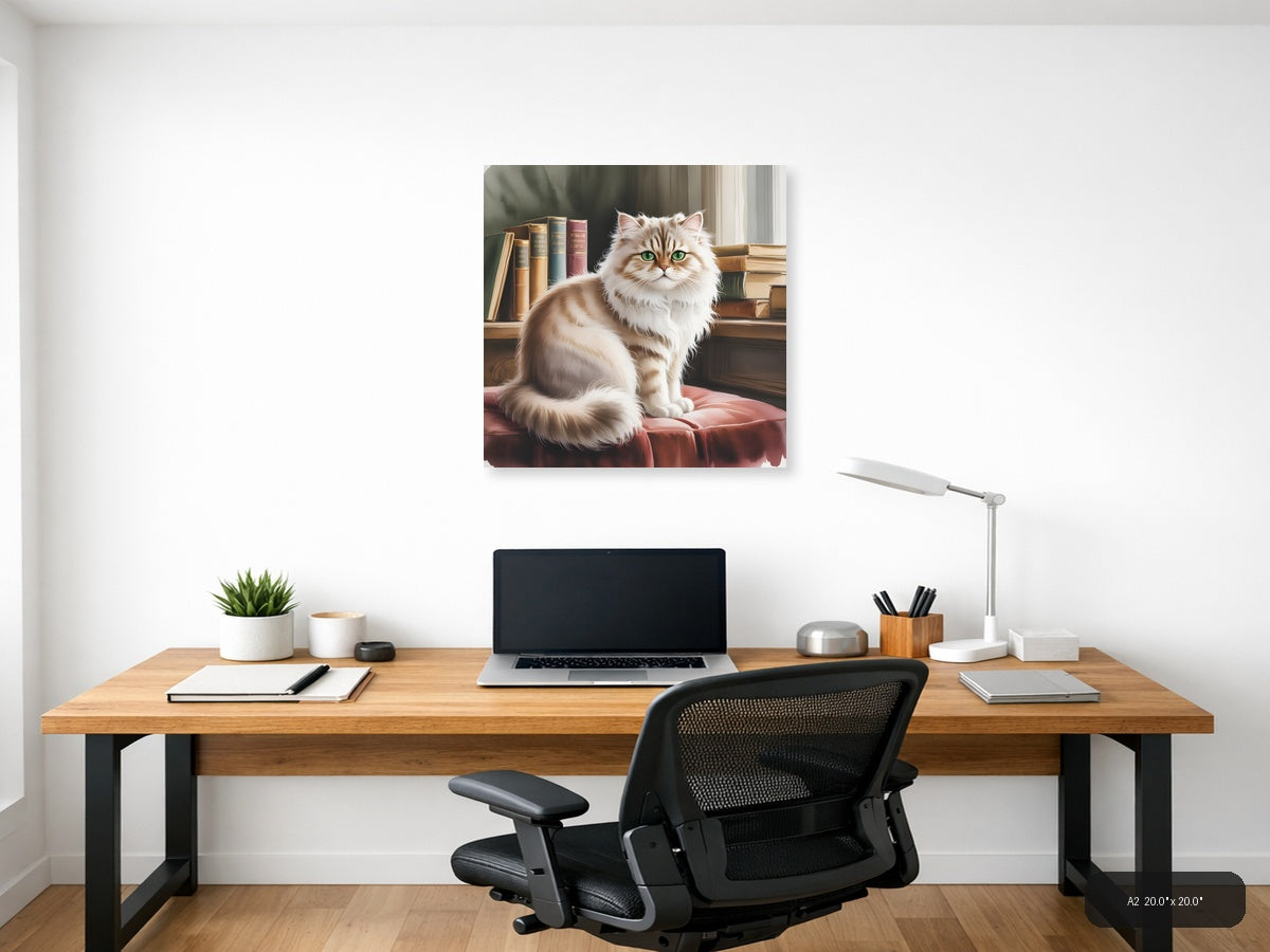 Fluffy White Cat with Green Eyes Watercolor Wall Art — A2 / Office