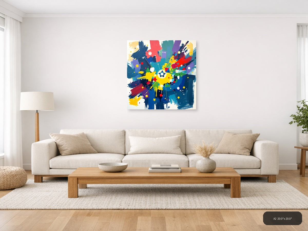 Vibrant Abstract Starburst with Colorful Brushstrokes Wall Art — A2 / Living Room