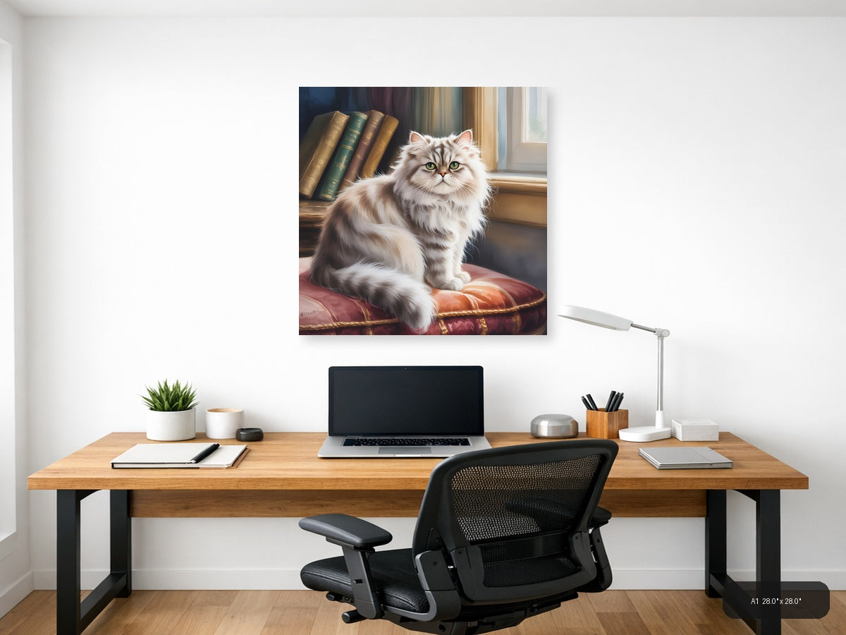 Fluffy White Cat by Books Watercolor Wall Art — A1 / Office