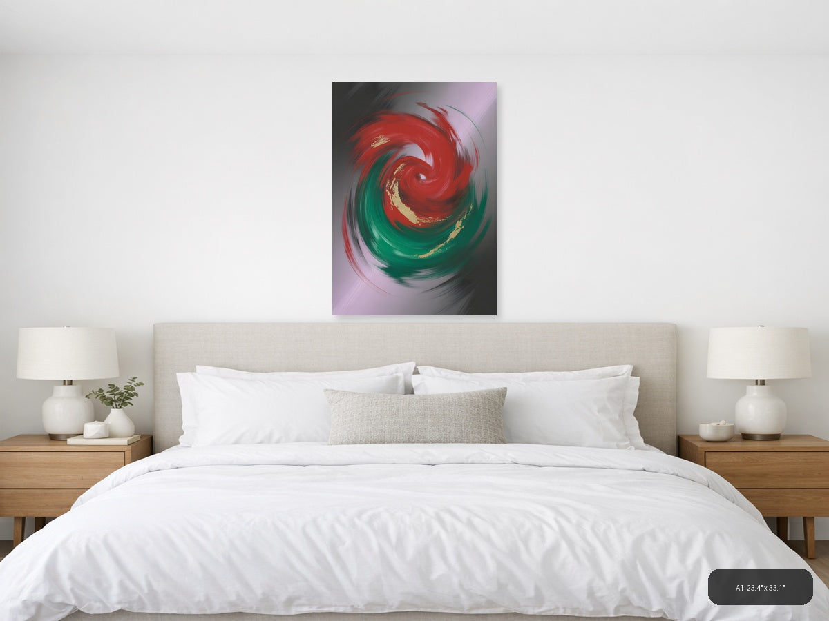 Red and Green Swirl Abstract Gold Accent Wall Art — A1 / Bedroom