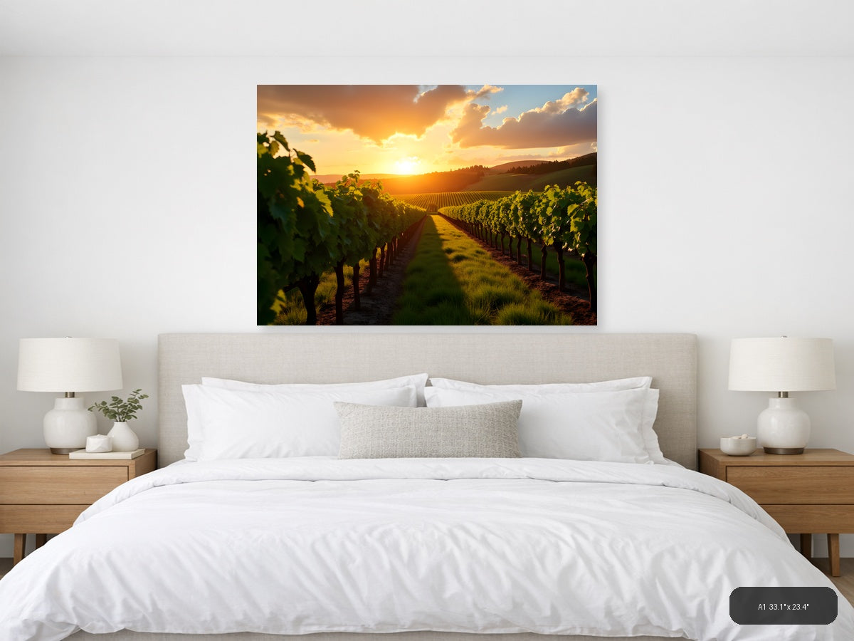 Golden Sunset Over Vineyard Rows Photography Wall Art — A1 / Bedroom