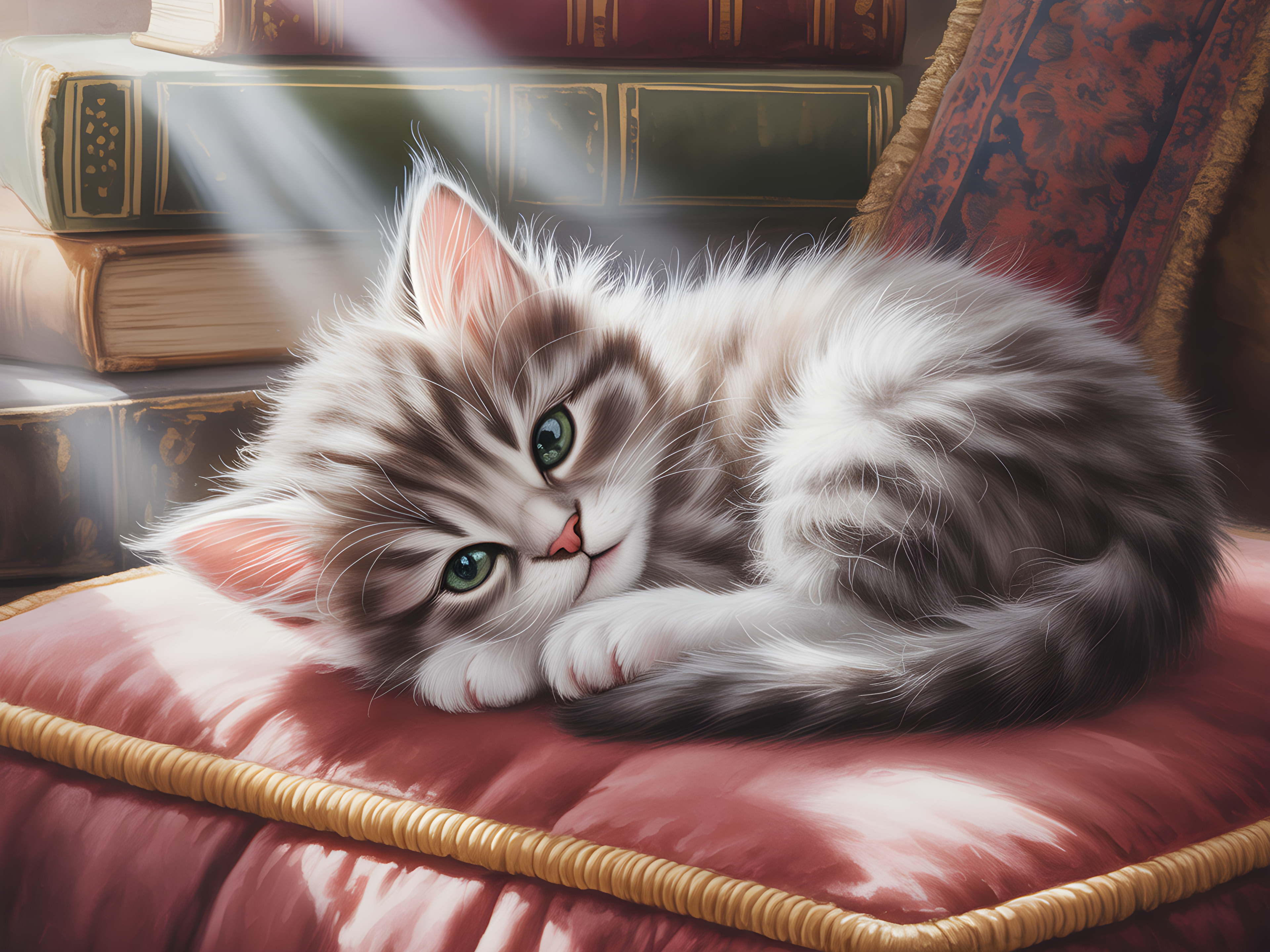 Fluffy White Cat Watercolor Portrait Wall Art