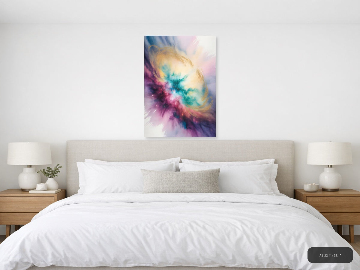 Cosmic Watercolor Nebula in Pink and Teal Wall Art — A1 / Bedroom