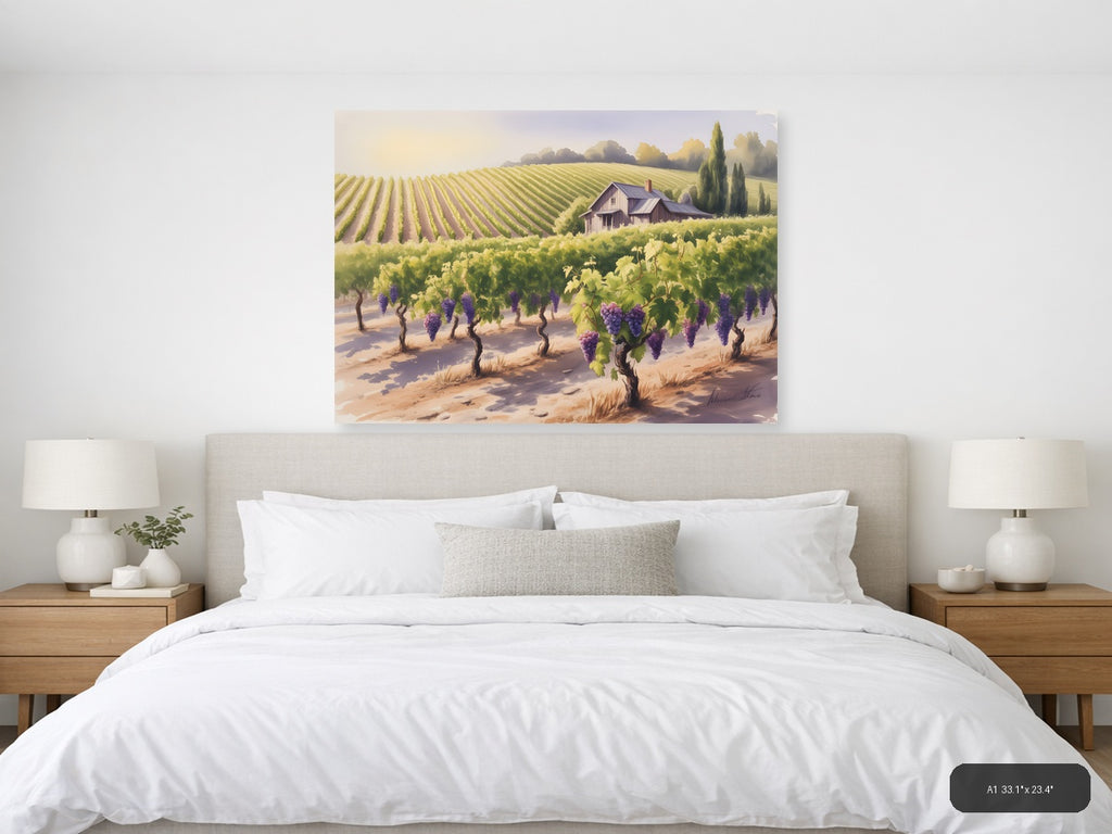 Tuscan Vineyard Landscape Watercolor Wall Art — A1 / Bedroom