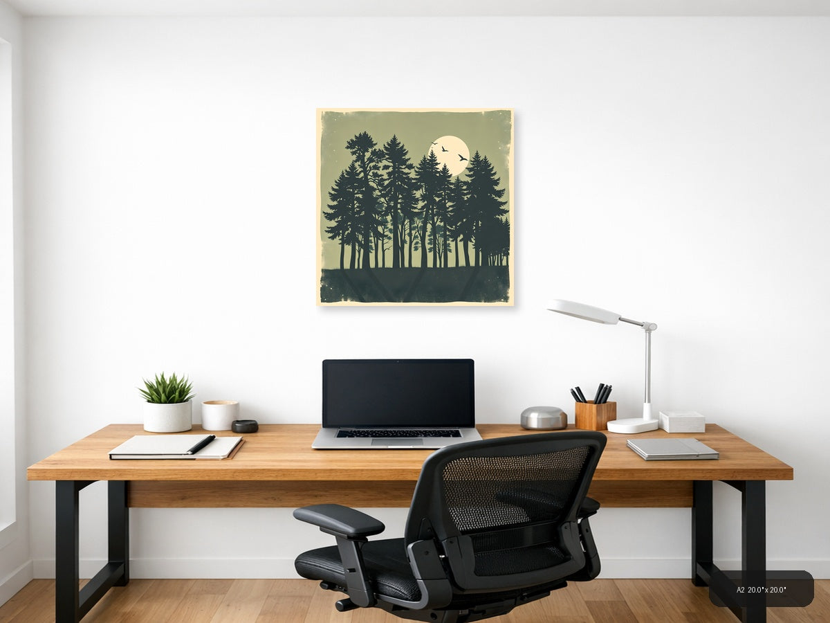 Vintage Forest Moon Silhouette Wall Art — A2 / Office