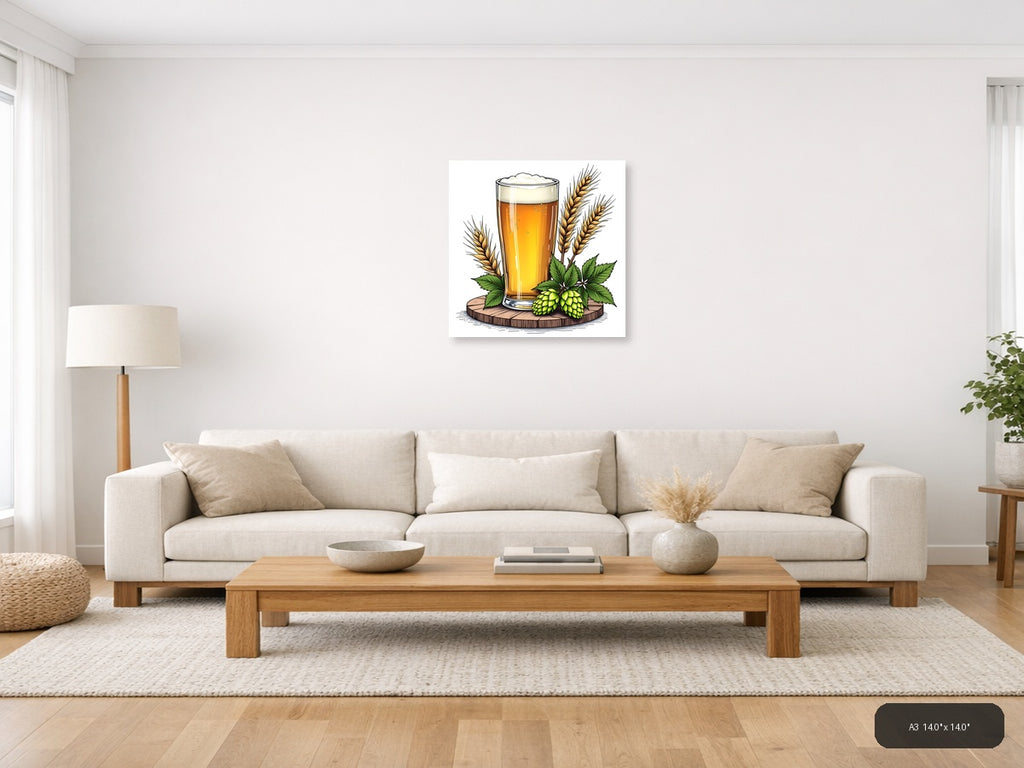 Beer Glass with Hops and Wheat Line Art Wall Art — A3 / Living Room