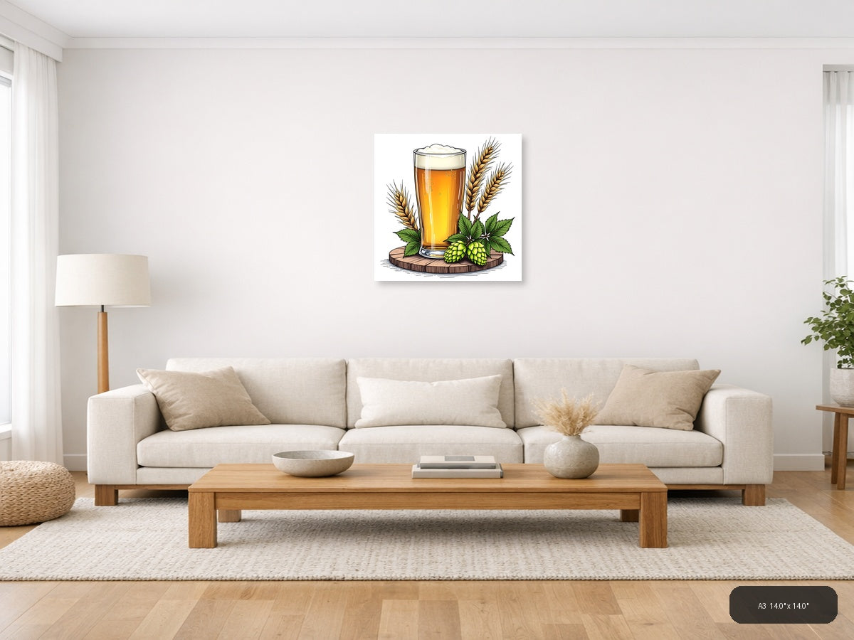 Beer Glass with Hops and Wheat Line Art Wall Art — A3 / Living Room