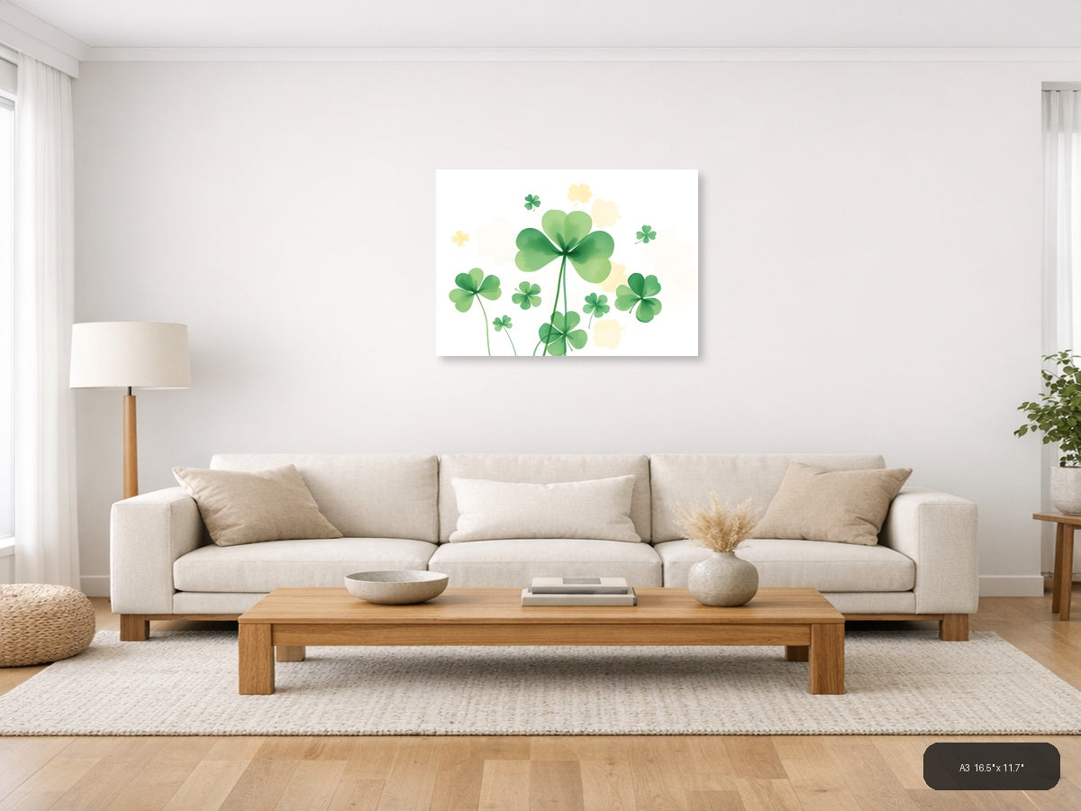 Lucky Four Leaf Clovers Watercolor Botanical Wall Art — A3 / Living Room