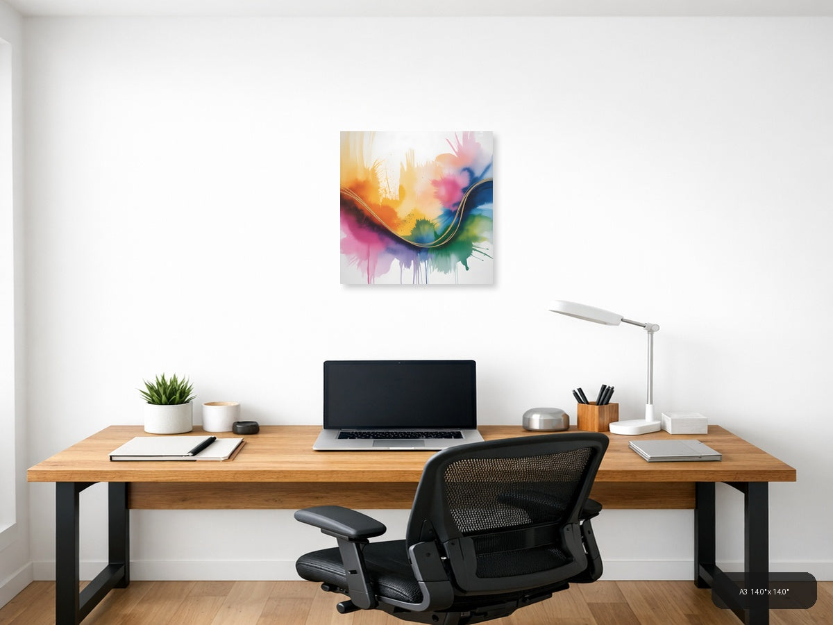 Colorful Watercolor Abstract Wave with Gold Line Wall Art — A3 / Office