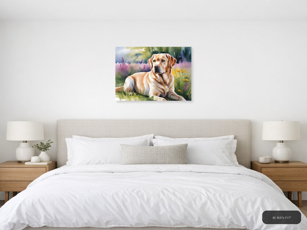 Golden Labrador in Wildflower Meadow Watercolor Wall Art — A3 / Bedroom