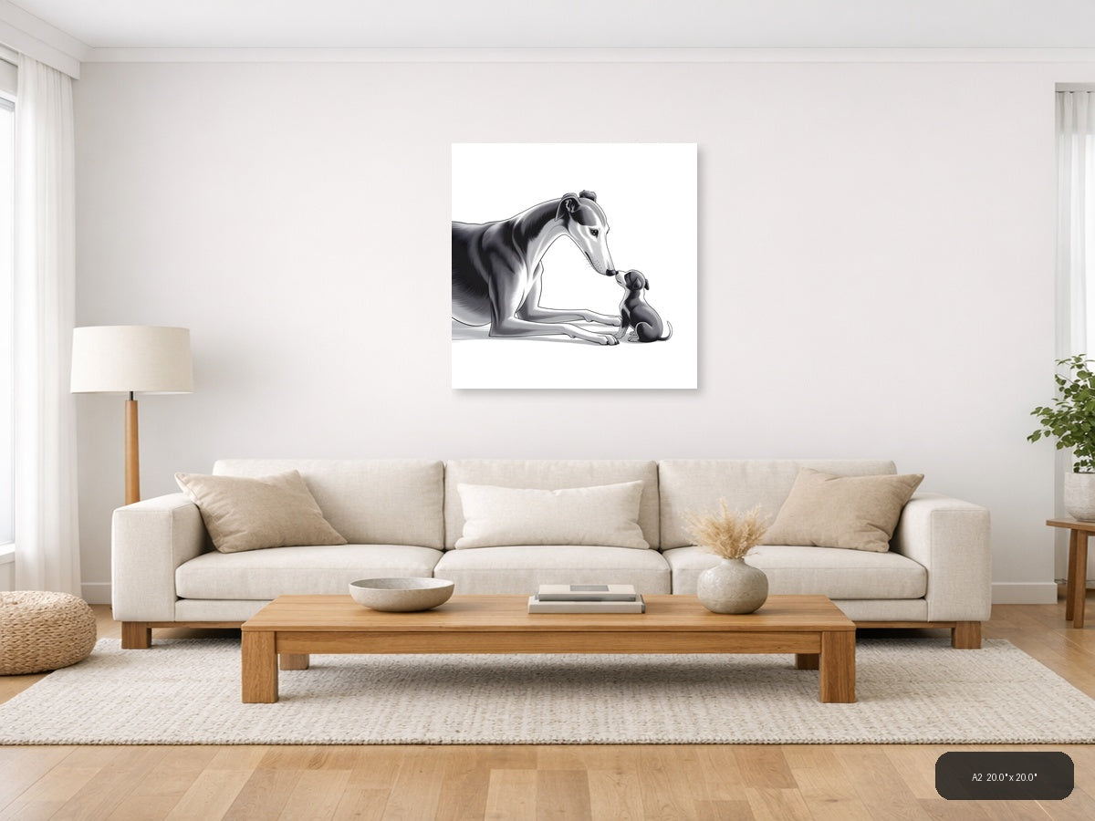 Large Dog and Puppy Minimalist Black White Wall Art — A2 / Living Room