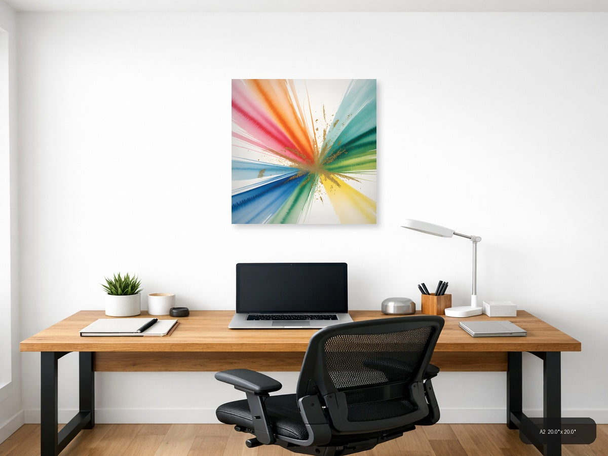 Rainbow Watercolor Burst with Gold Splatter Wall Art — A2 / Office
