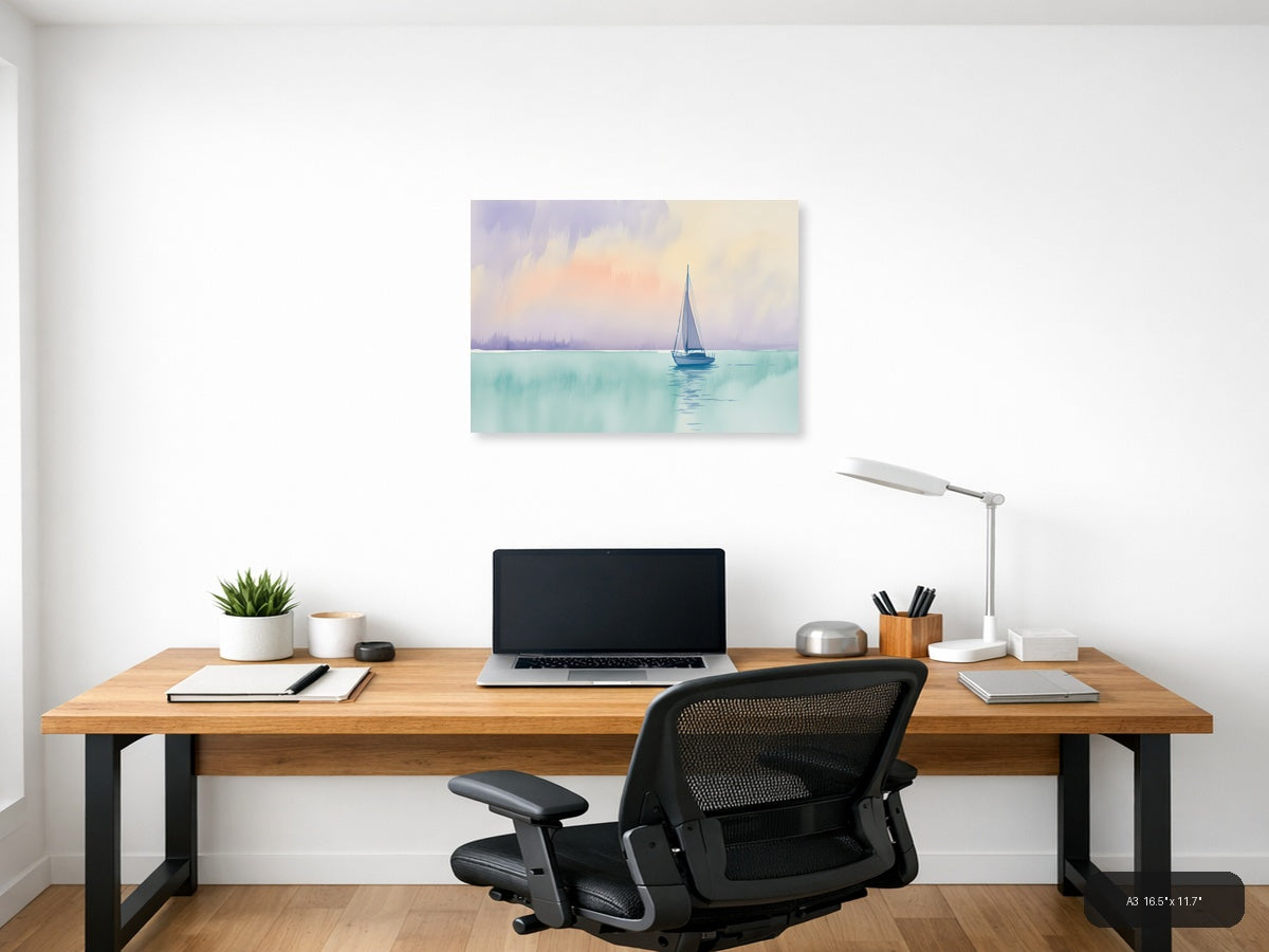 Sailboat on Turquoise Waters Watercolor Wall Art — A3 / Office
