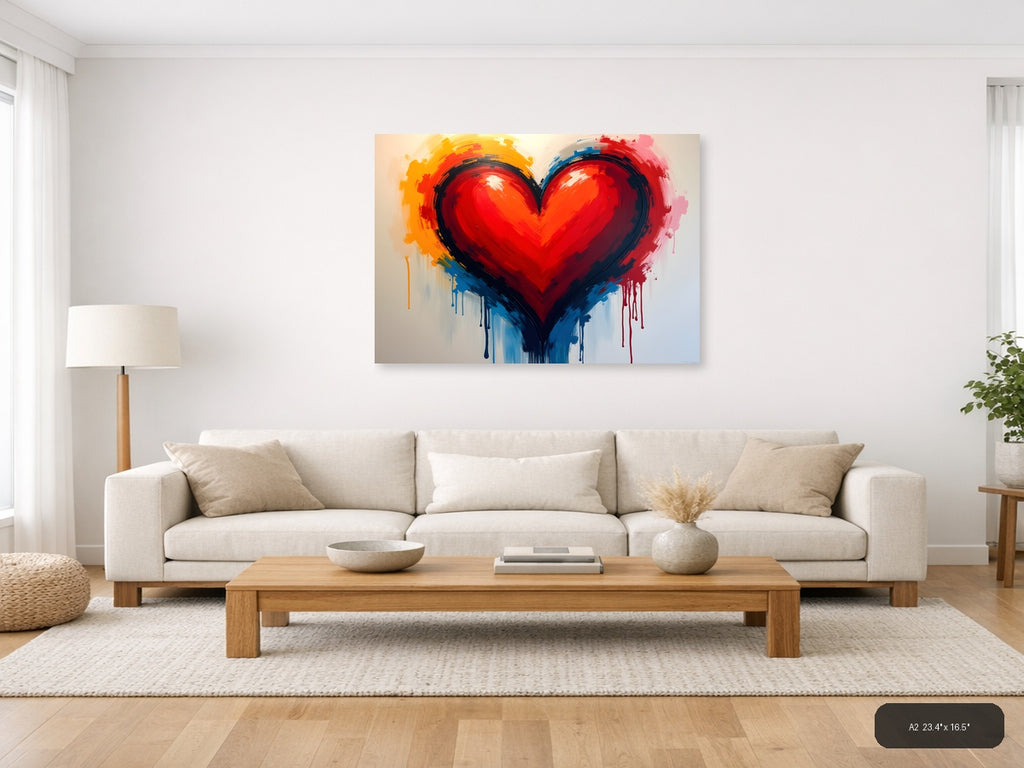 Abstract Red Heart with Colorful Drip Abstract Wall Art — A2 / Living Room