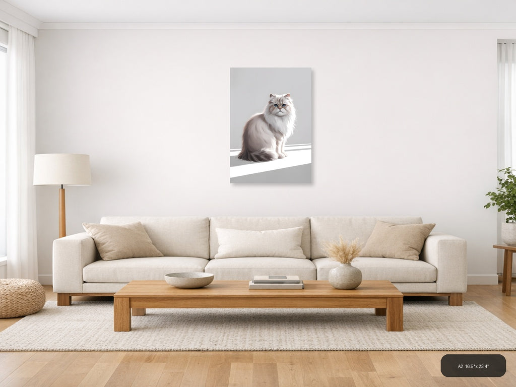 Fluffy White Cat with Blue Eyes Minimalist Wall Art — A2 / Living Room