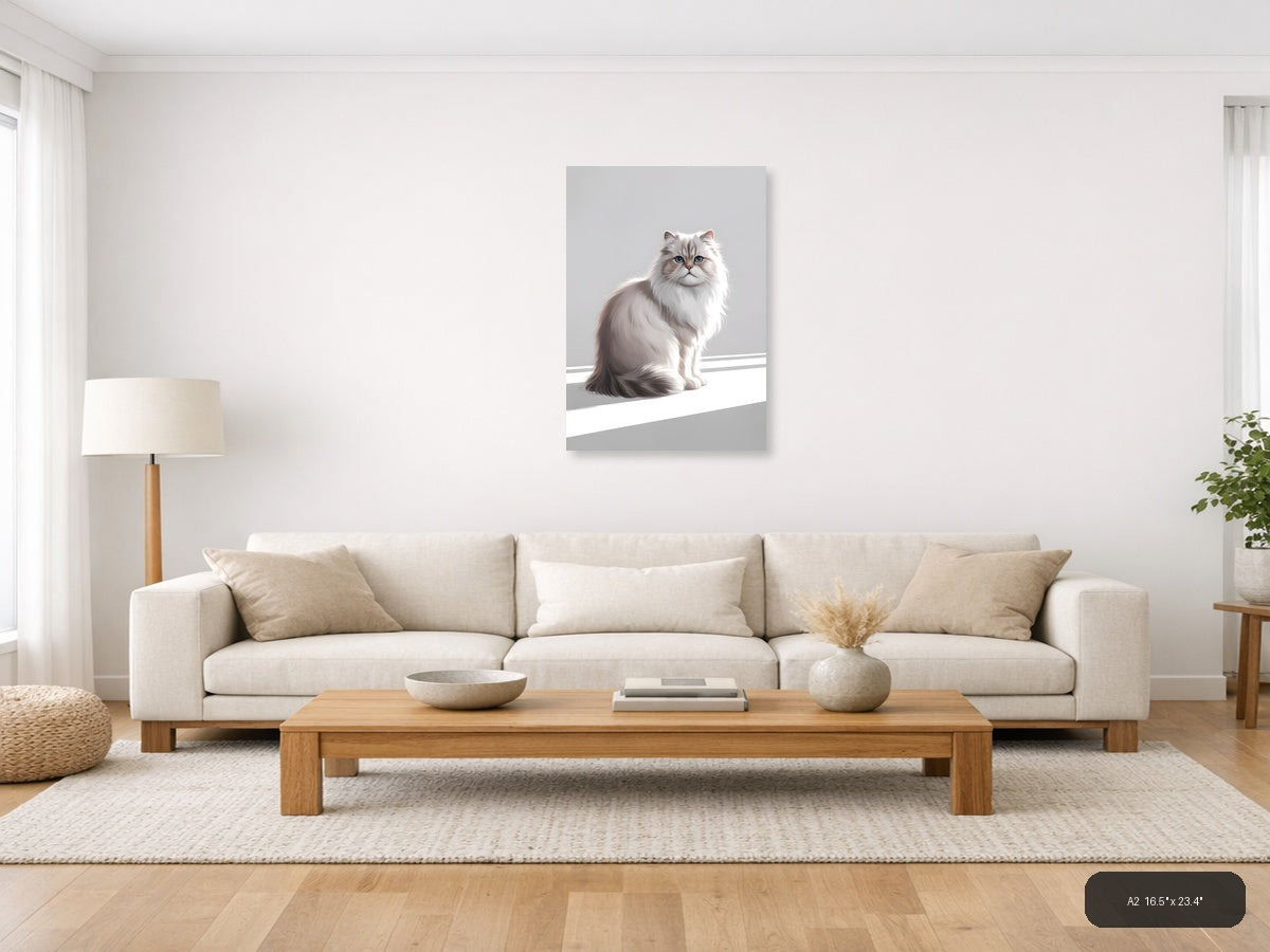 Fluffy White Cat with Blue Eyes Minimalist Wall Art — A2 / Living Room