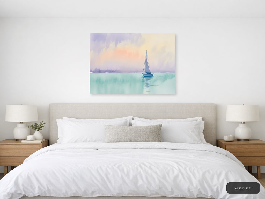 Sailboat on Turquoise Waters Watercolor Wall Art — A2 / Bedroom