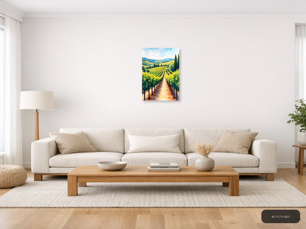 Tuscan Vineyard Landscape Watercolor Wall Art — A3 / Living Room