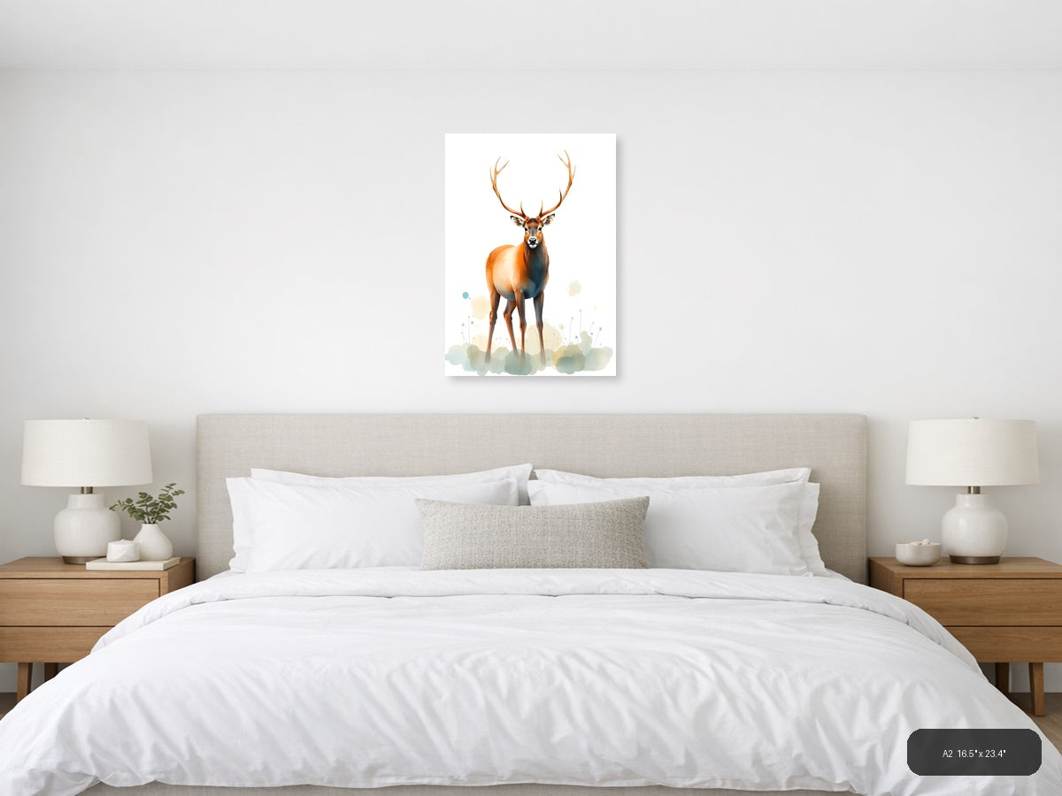 Majestic Deer with Antlers Watercolor Portrait Wall Art — A2 / Bedroom