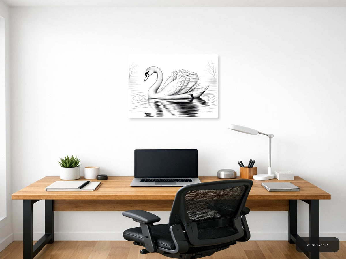 Elegant Swan Line Art Drawing - Black & White Wall Art — A3 / Office