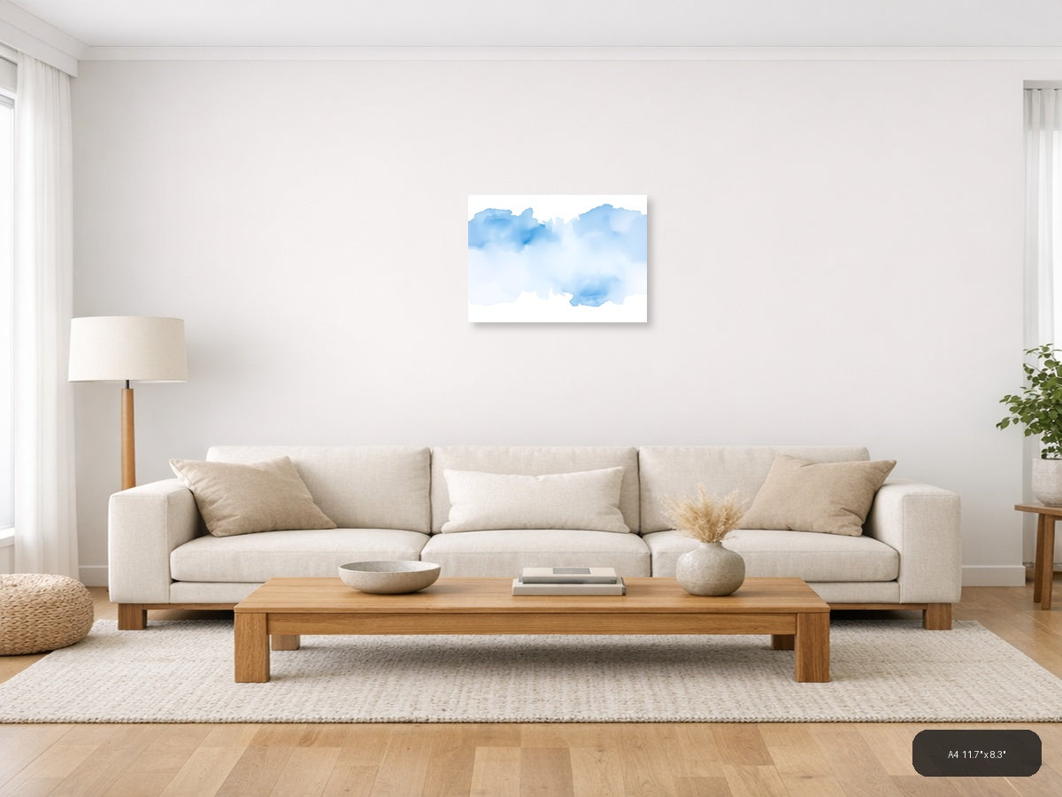 Abstract Blue Watercolor Clouds Landscape Wall Art — A4 / Living Room