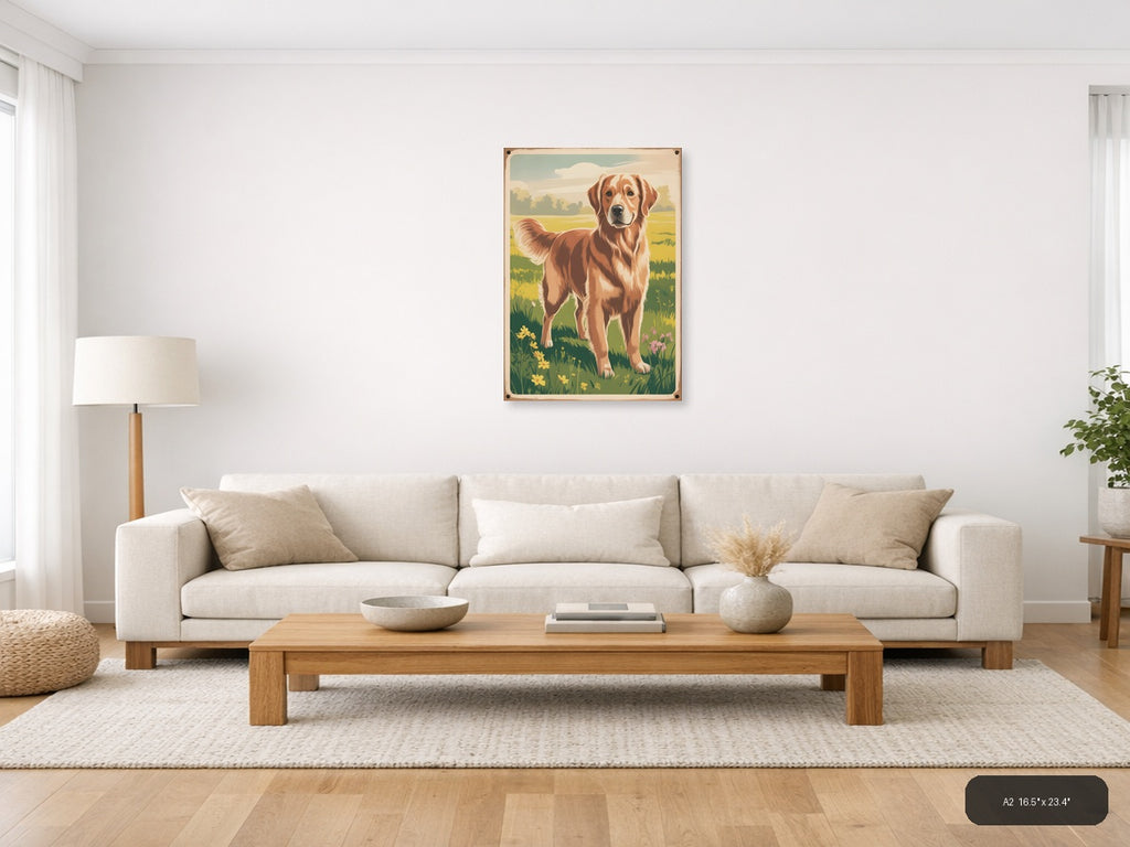 Brown and White Dog in Meadow - Vintage Wall Art — A2 / Living Room