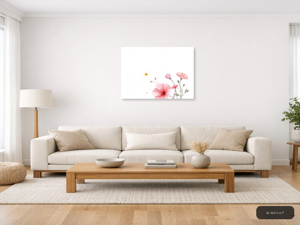 Pink Carnations & Sun Minimalist Floral Wall Art — A3 / Living Room